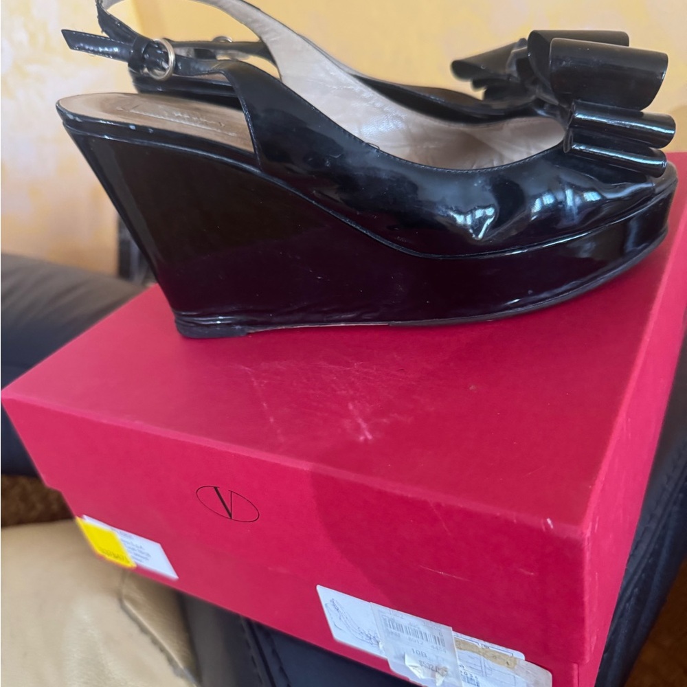 Valentino Black Wedge Sandals with Glossy Finish Used Size 40